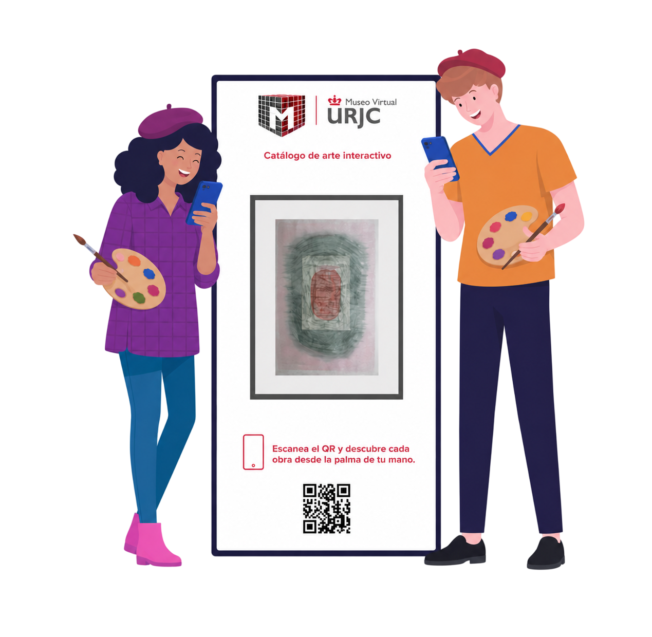 Ilustración de Cultura Interactiva con dos jóvenes utilizando sus móviles junto a una pantalla del Museo Virtual URJC